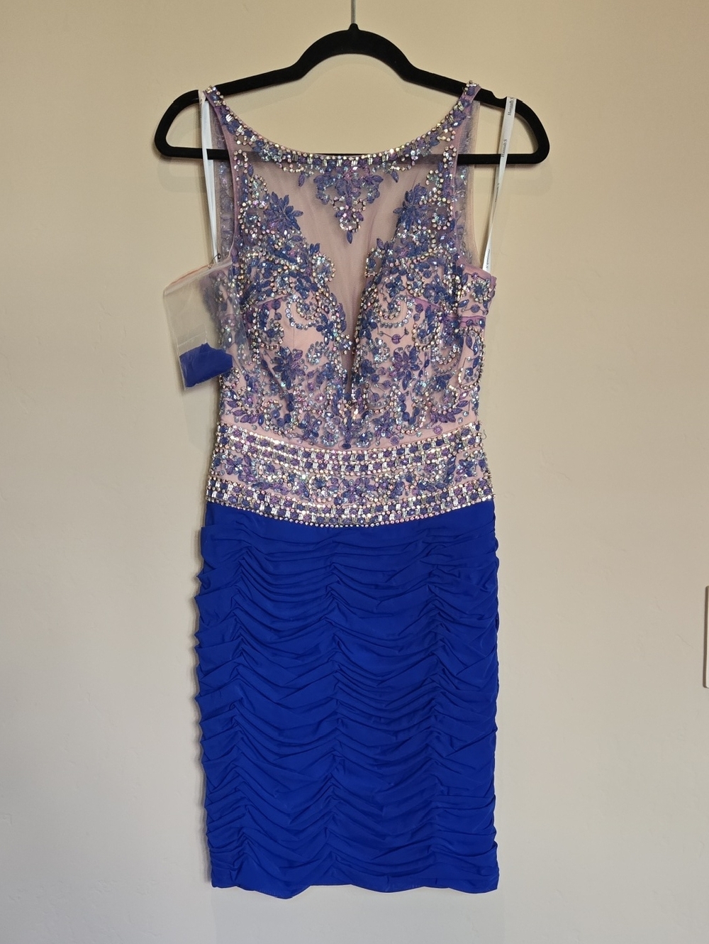 Hannah S Beaded Illusion Bodice Blue Cocktail Dress